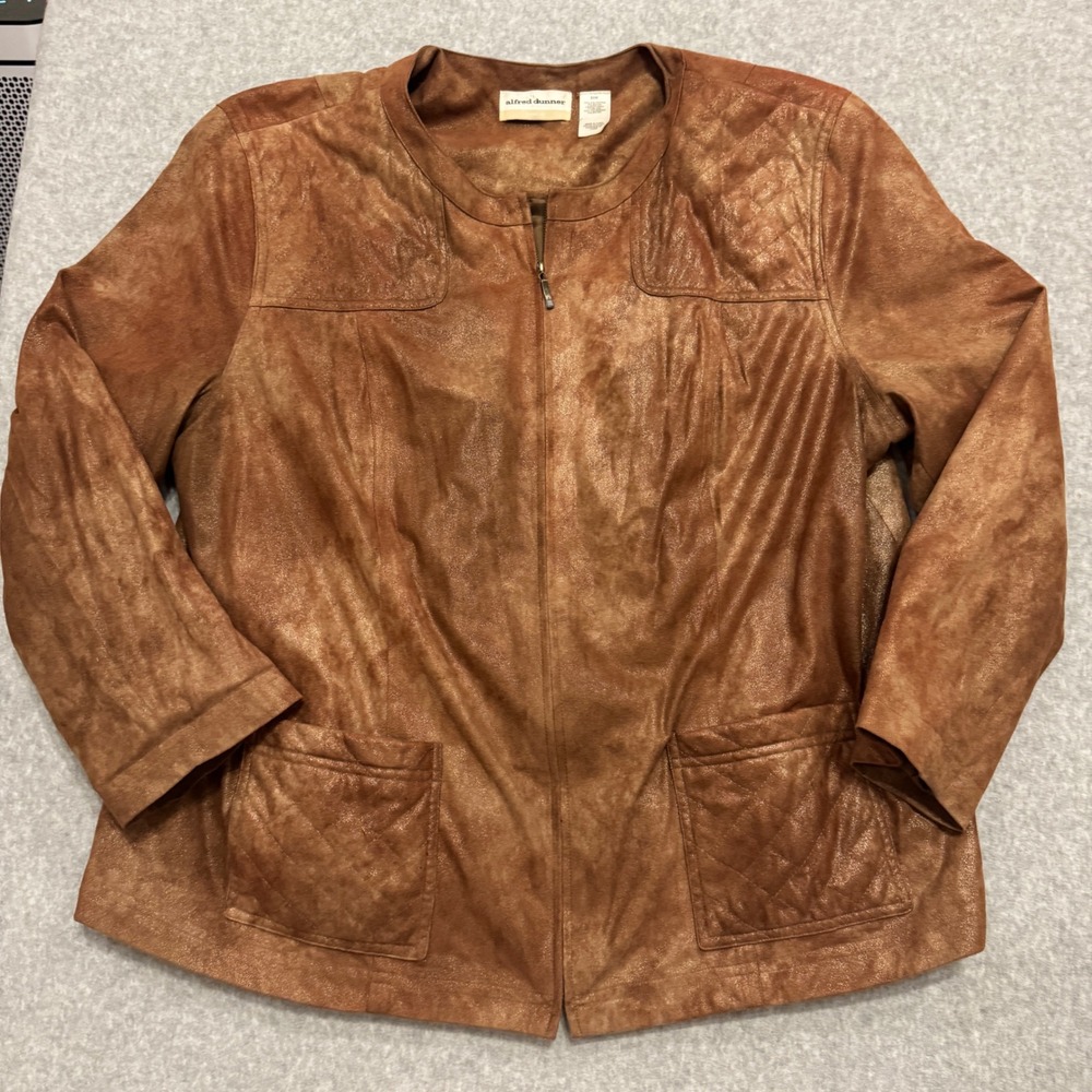 VTG Alfred Dunner Woman Cognac Brown Metallic Faux Suede Zip Jacket Size 20W